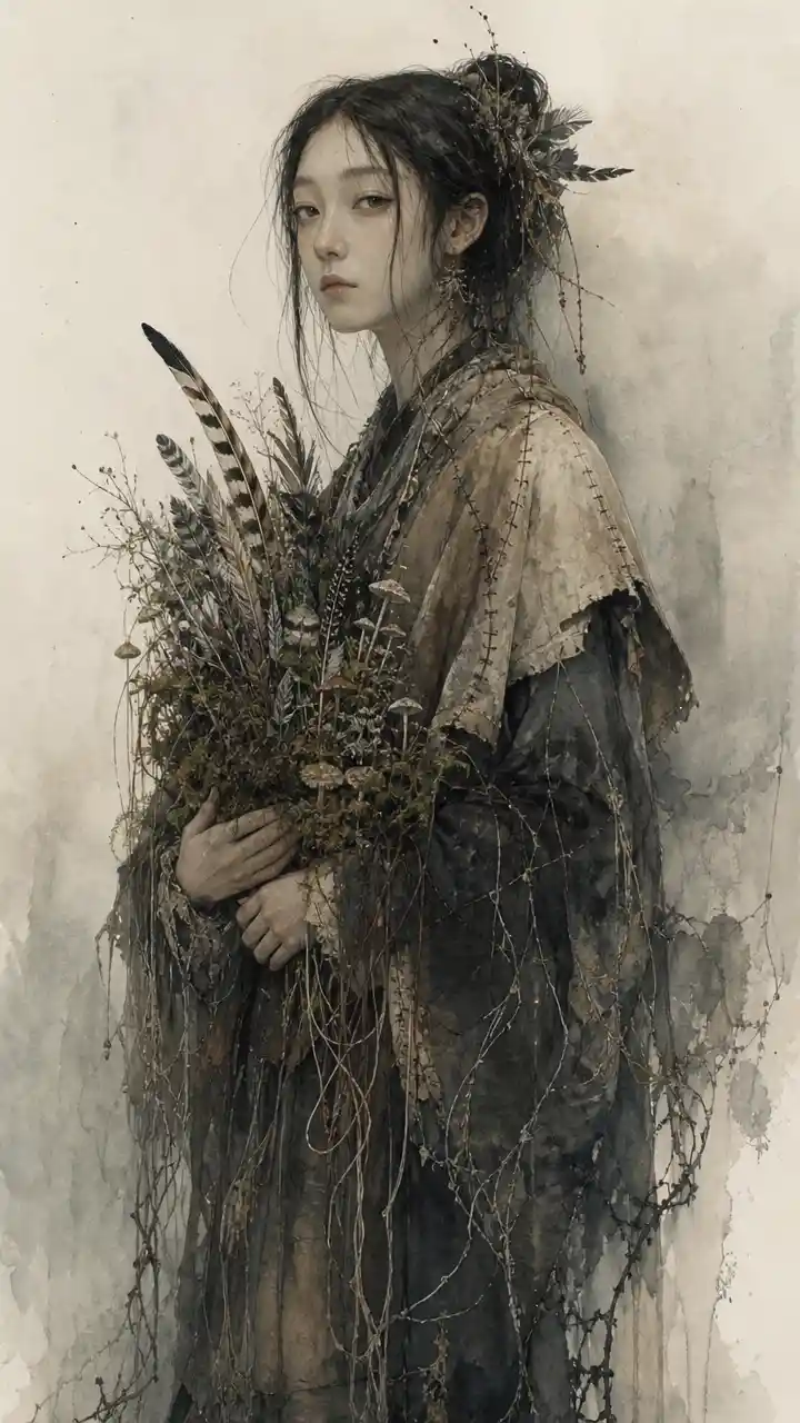 Girl holding organic feathers with moss and tiny mushrooms