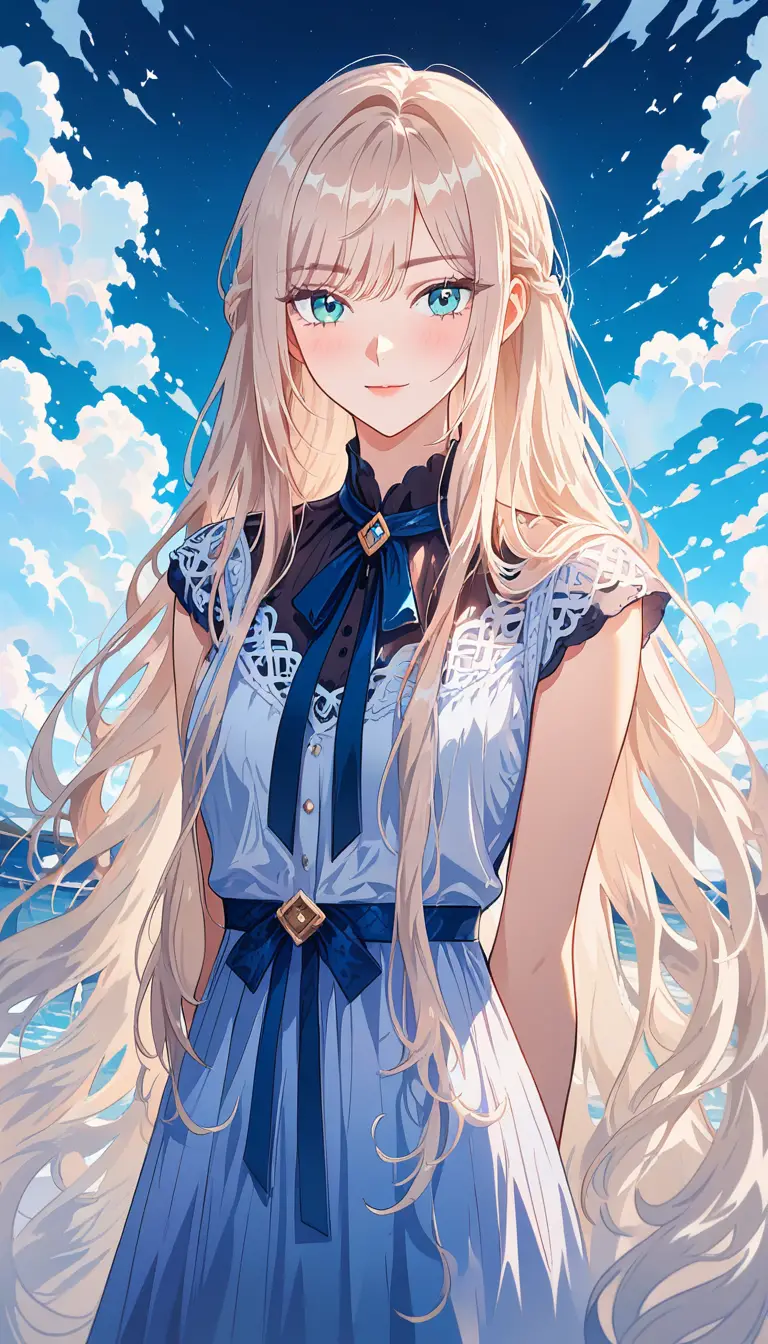 Anime girl with long blue green hair by the water