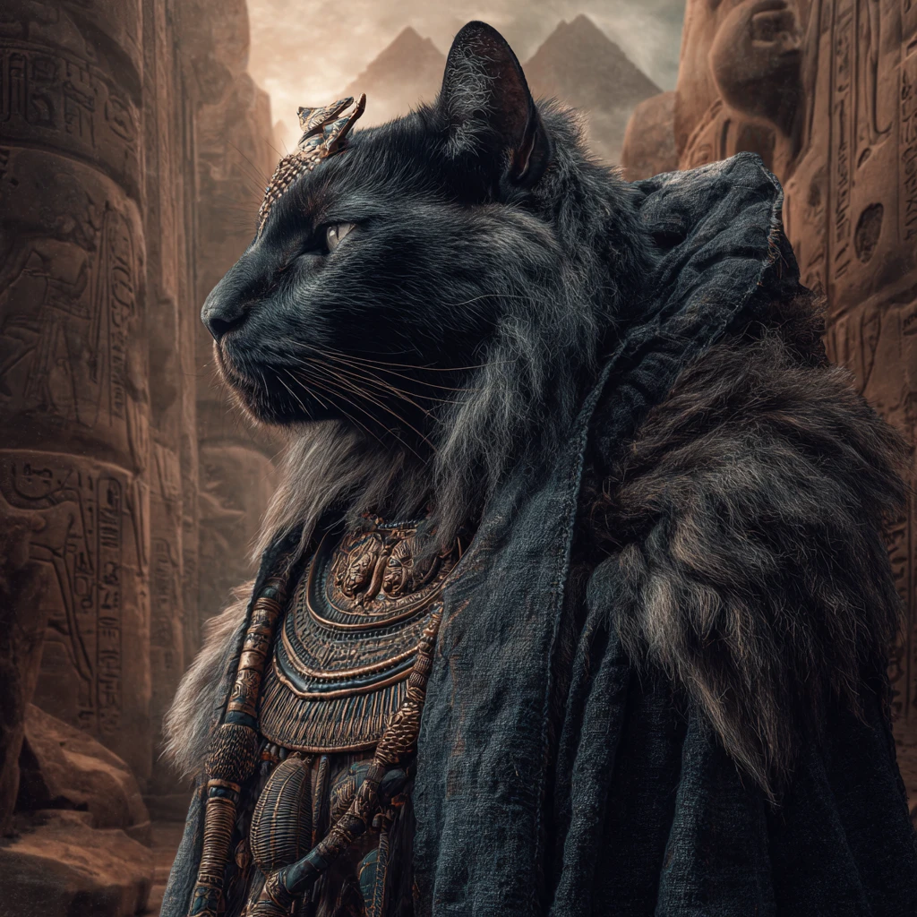 Regal black cat god walking through the Egyptian underworld