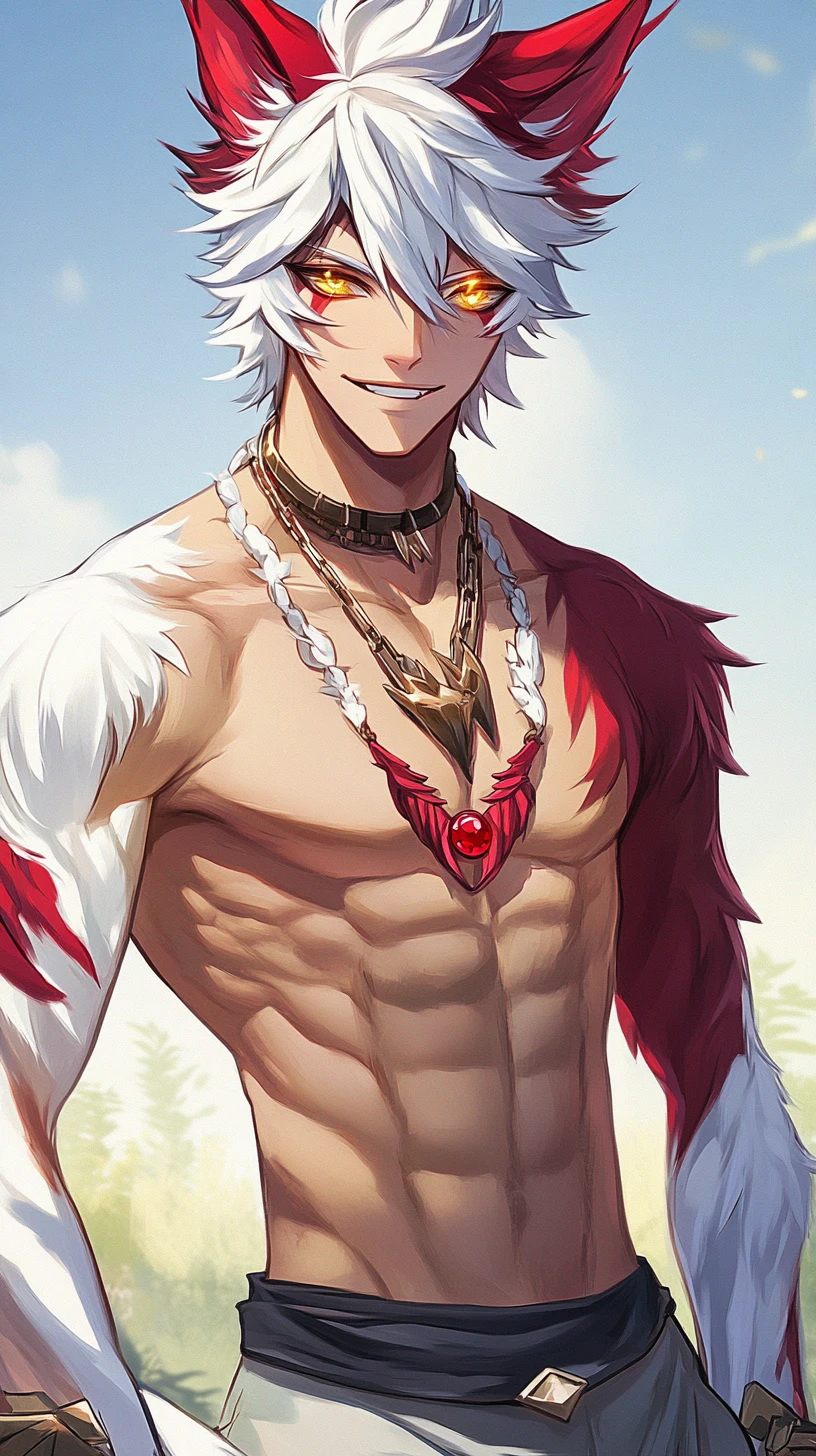 Tall kemonomimi man in streetwear under clear blue sky