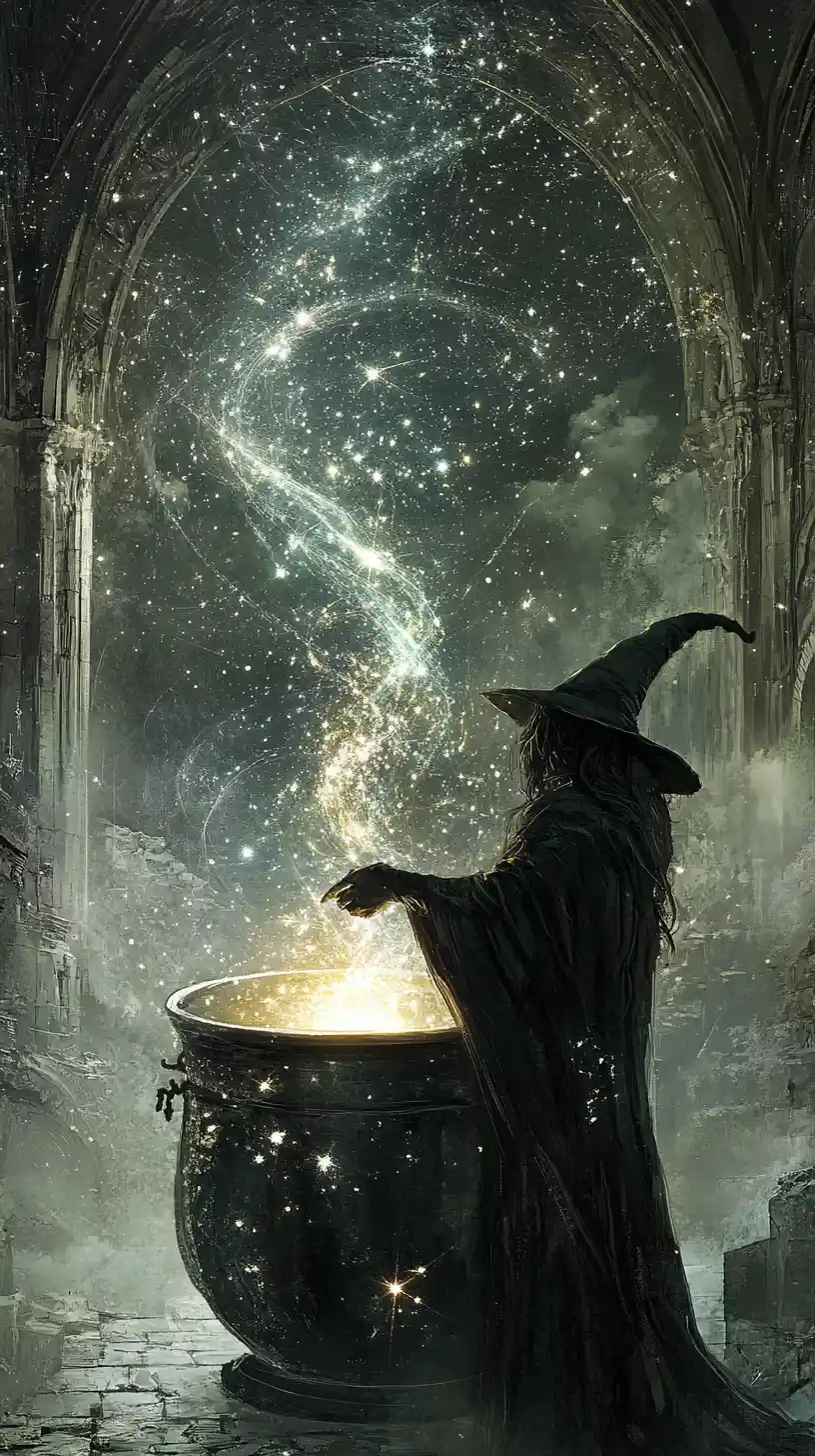 Witch Stirring A Cosmic Cauldron Under Twisted Towers
