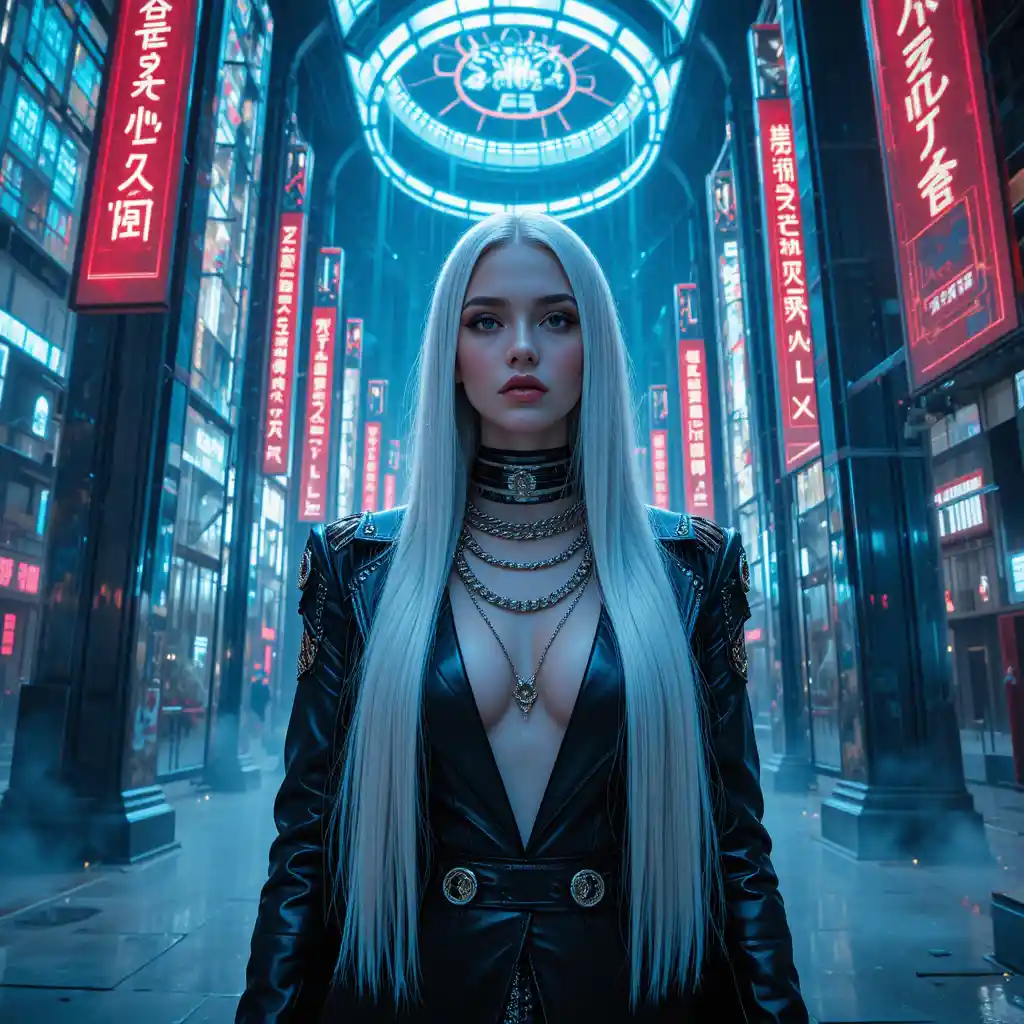 Cyberpunk woman in a futuristic holographic data cathedral