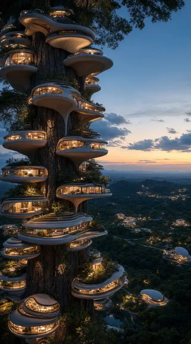 Futuristic tree homes on a giant sequoia at dusk