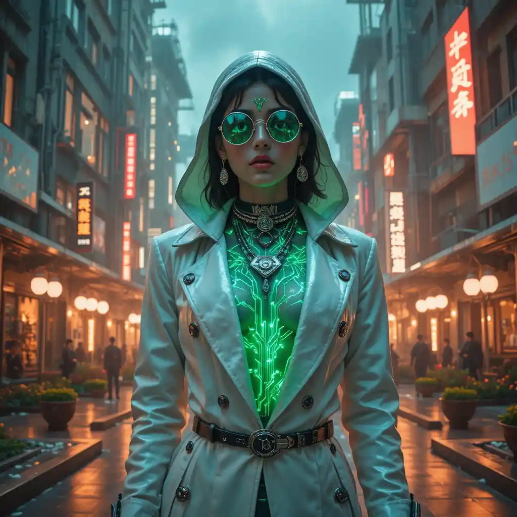 Cyberpunk femme fatale in neon soaked futuristic plaza