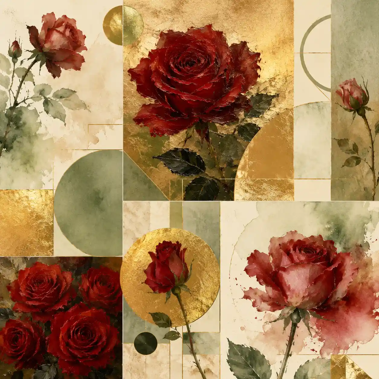 Moodboard mit roten Rosen auf weichem Gold-Grün-Hintergrund