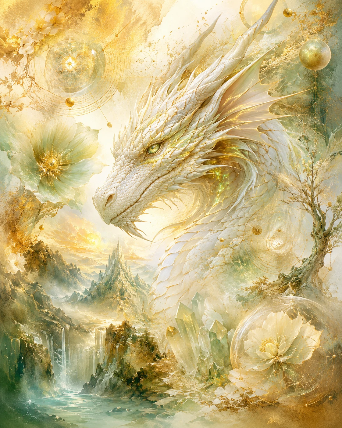 Mood board con volto di drago bianco in un paesaggio fantasy delicato