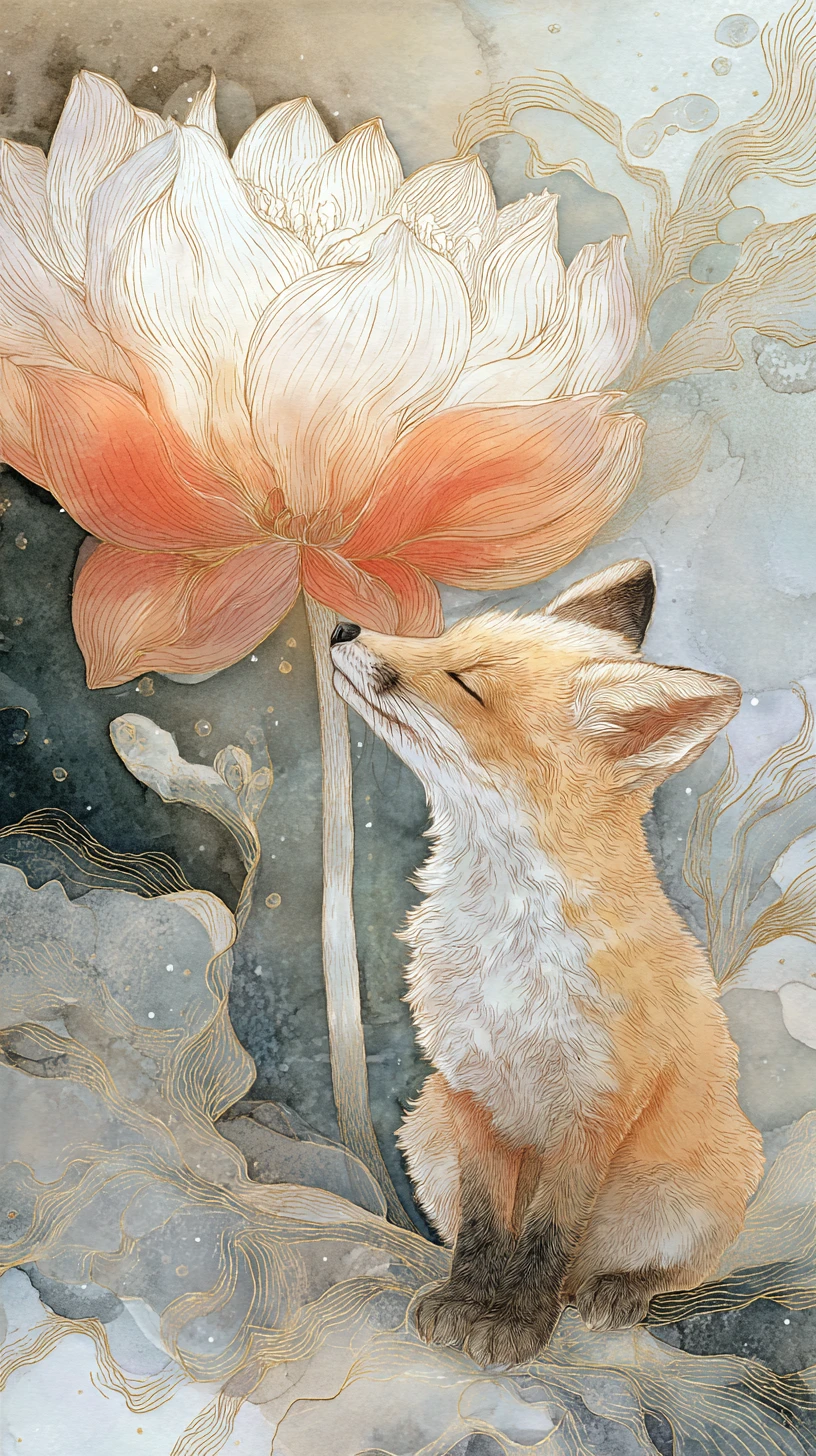 Zorrito bebé y anémona en una ilustración de fantasía de ensueño