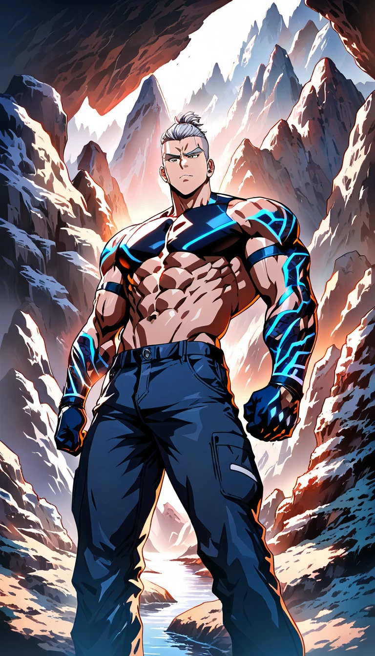 Defiant muscular man with tattoos in rocky mountain sunlight