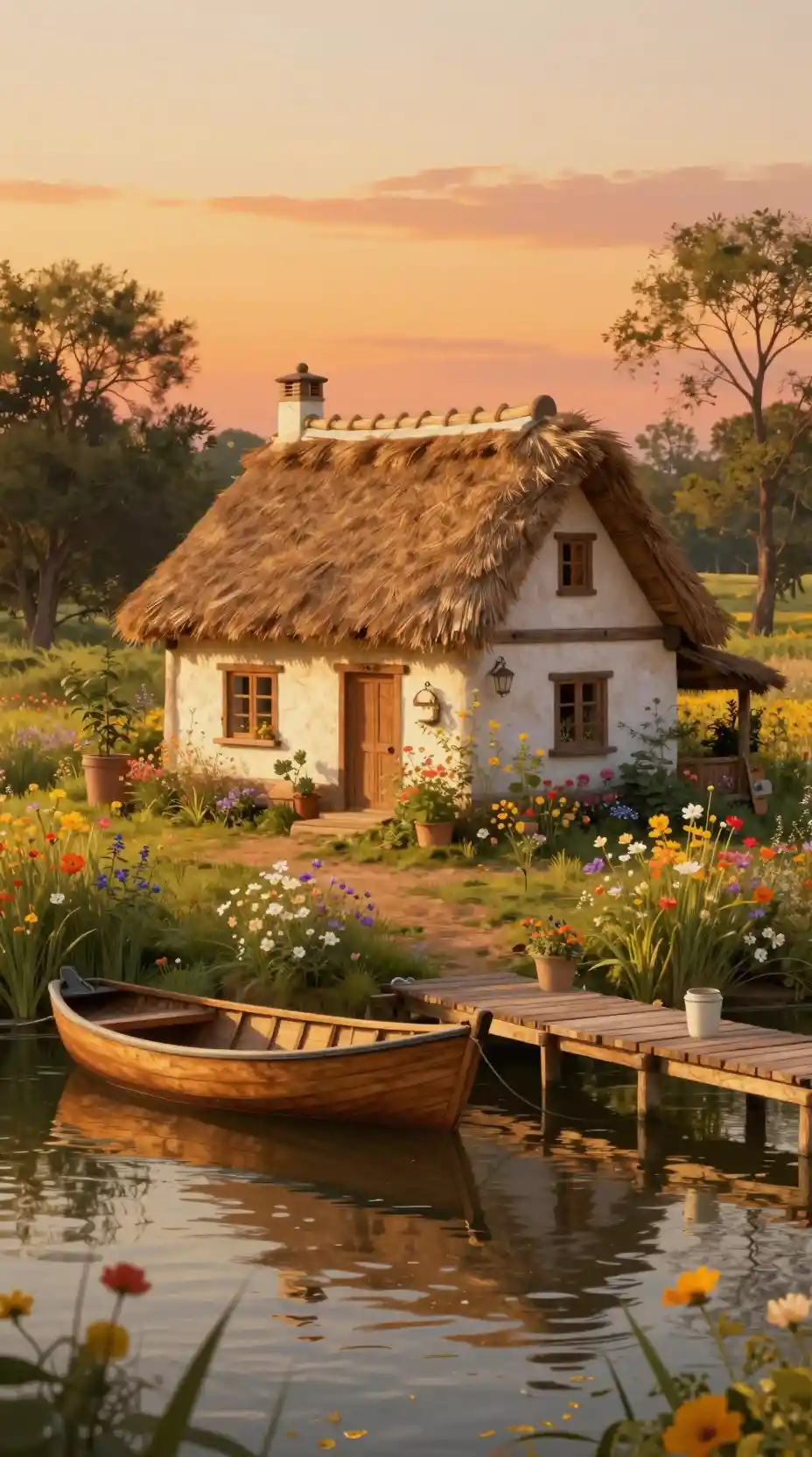 Cozy riverside house at golden hour in fantasy painting