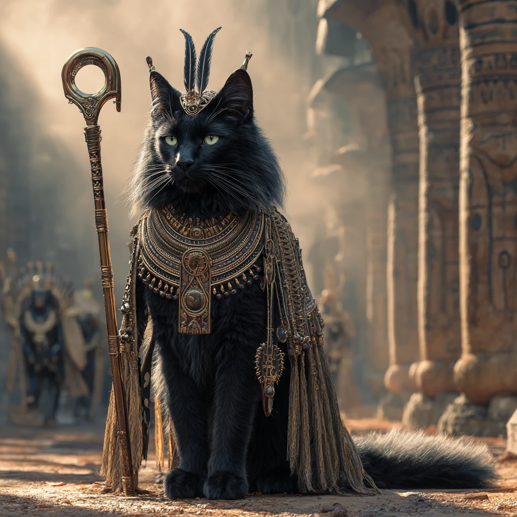 Regal black cat god walking through the Egyptian underworld