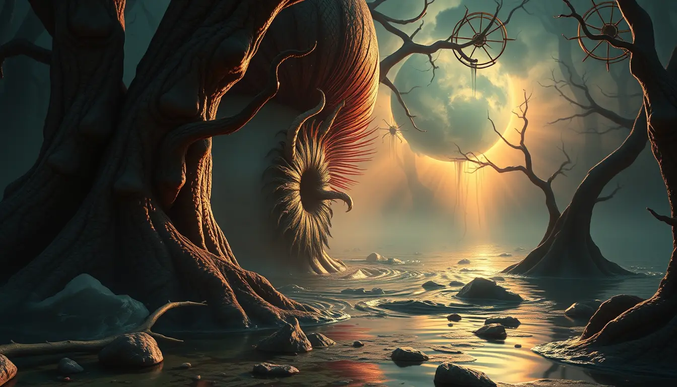 Surreal monster in a playful popsurreal swamp scene