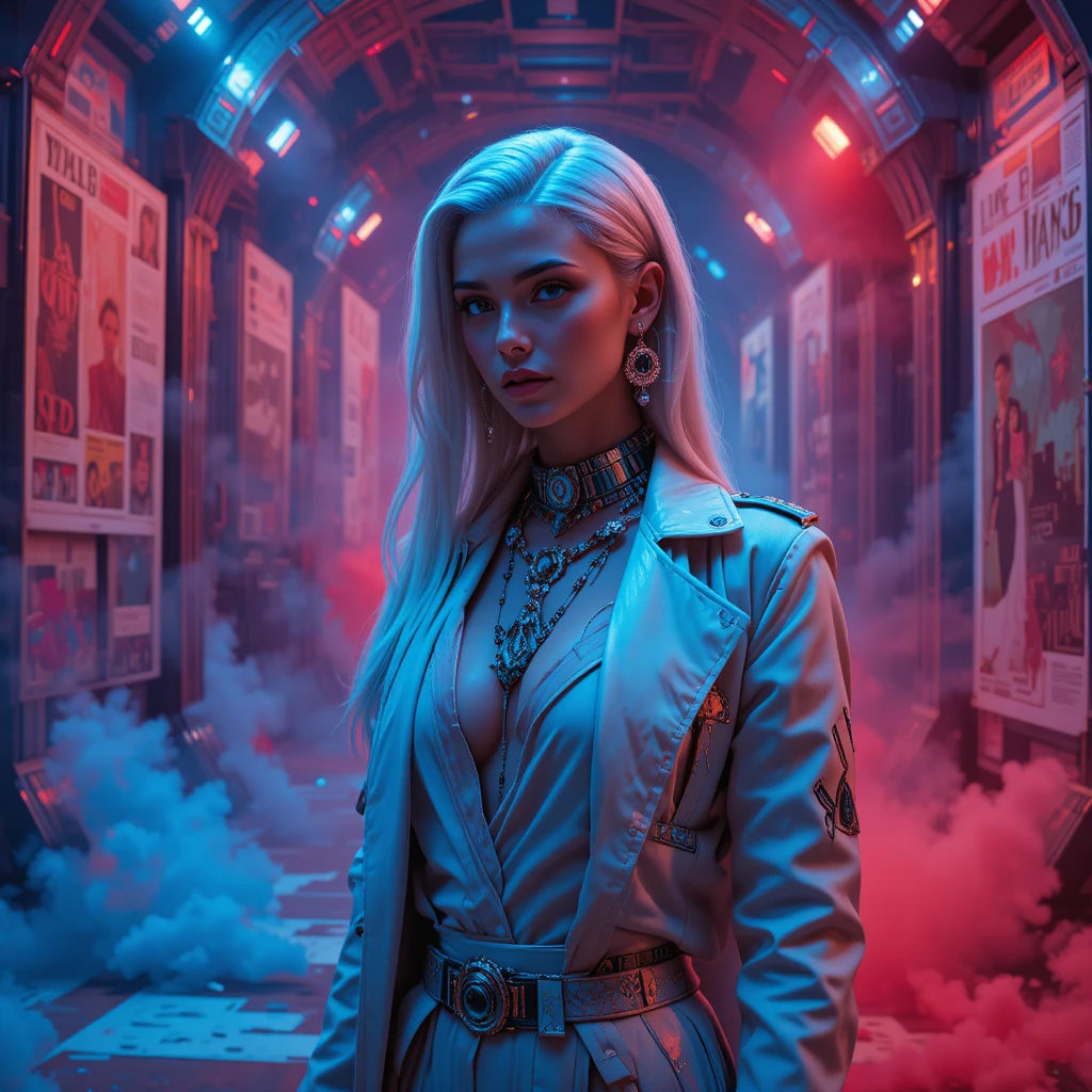 Galactic rebel leader in luminous sci fi fashion portrait