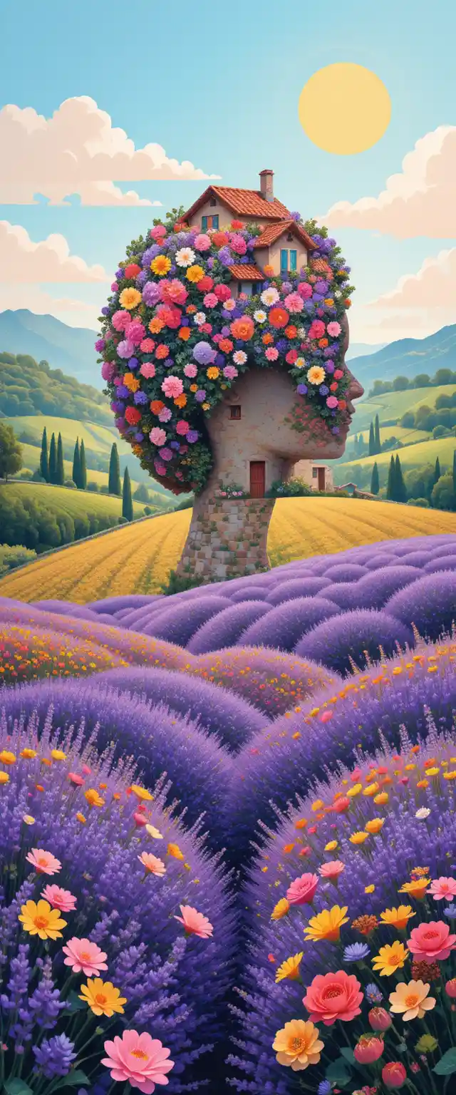 Wave of colorful flowers flowing from a womans head