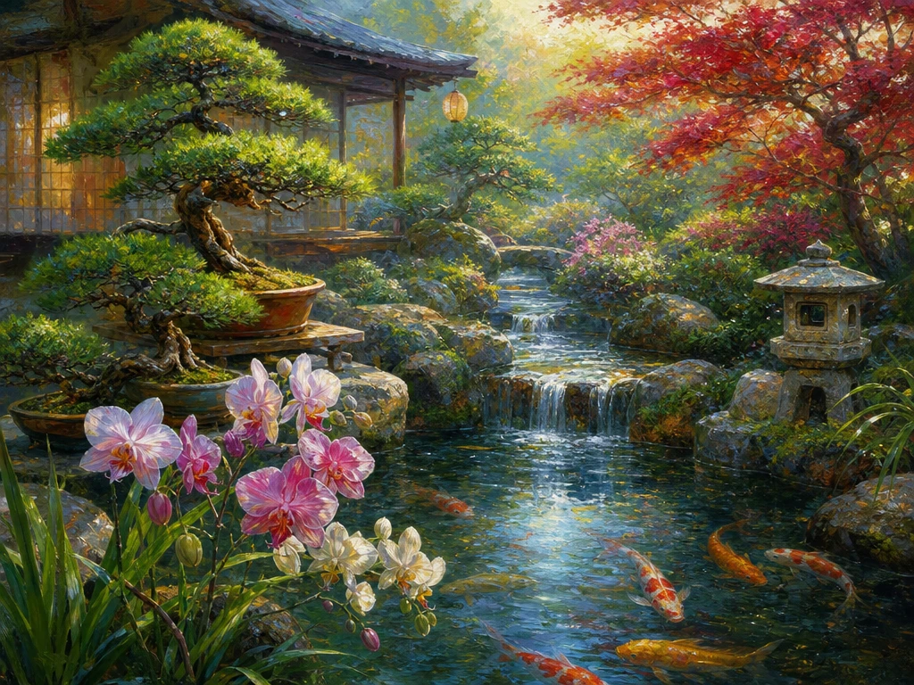 Tranquil Japanese garden with bonsai orchids and koi pond
