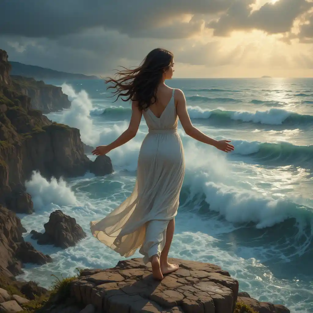 Modern muse on a stormy seaside cliff in sunlight