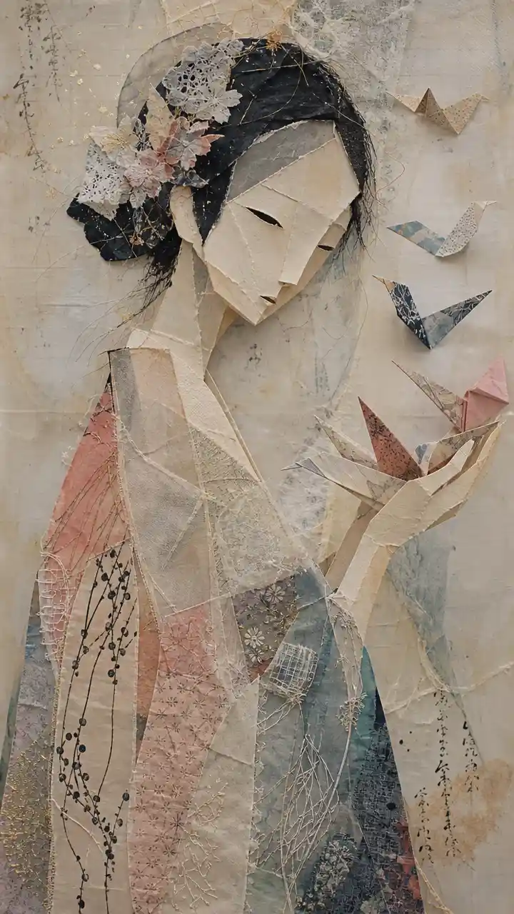 Paper face figure holding delicate origami birds in flight