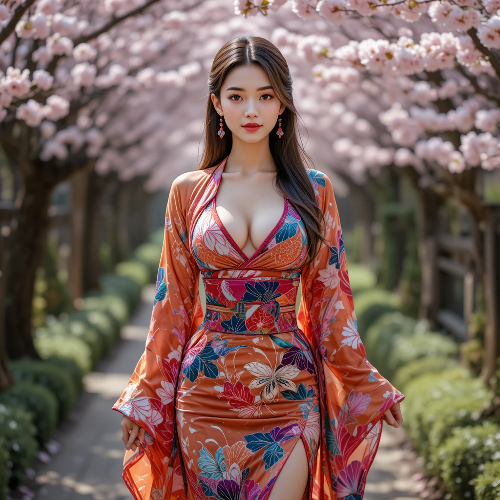Japanese woman in modern colorful kimono on blossom path