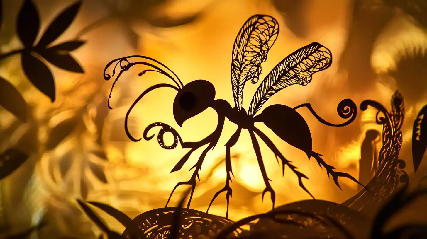 Metallic ant close up in a glowing fantasy garden