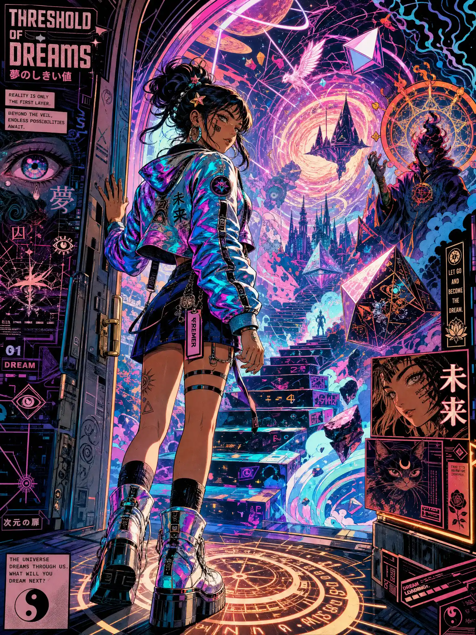 Futuristic woman at the edge of a surreal neon world