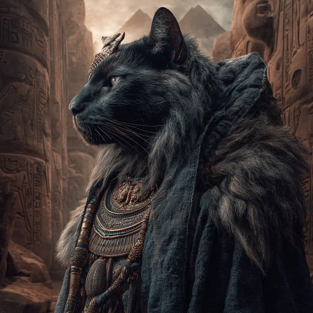 エジプトの冥界を歩く威厳ある黒猫の神