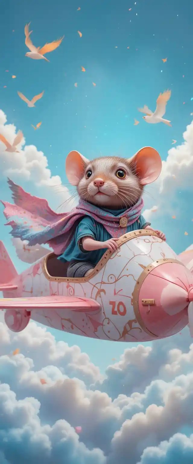 Playful raccoon in a scarf flying on a paper airplane