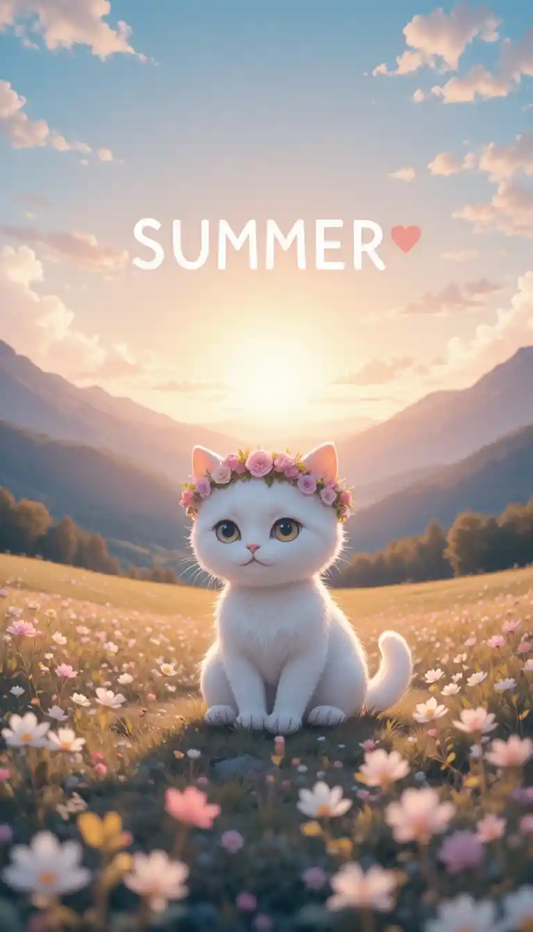 Cute white kitten with flower wreath in pastel sunrise field