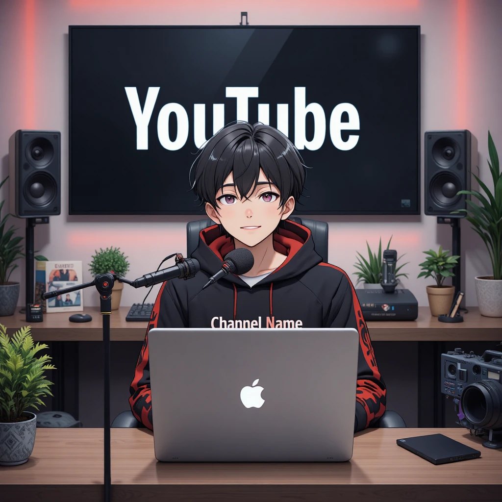 Anime boy streaming at computer desk with microphone
