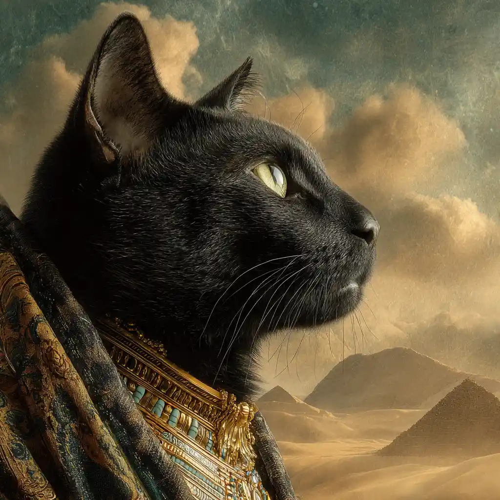 Regal black cat god walking through the Egyptian underworld