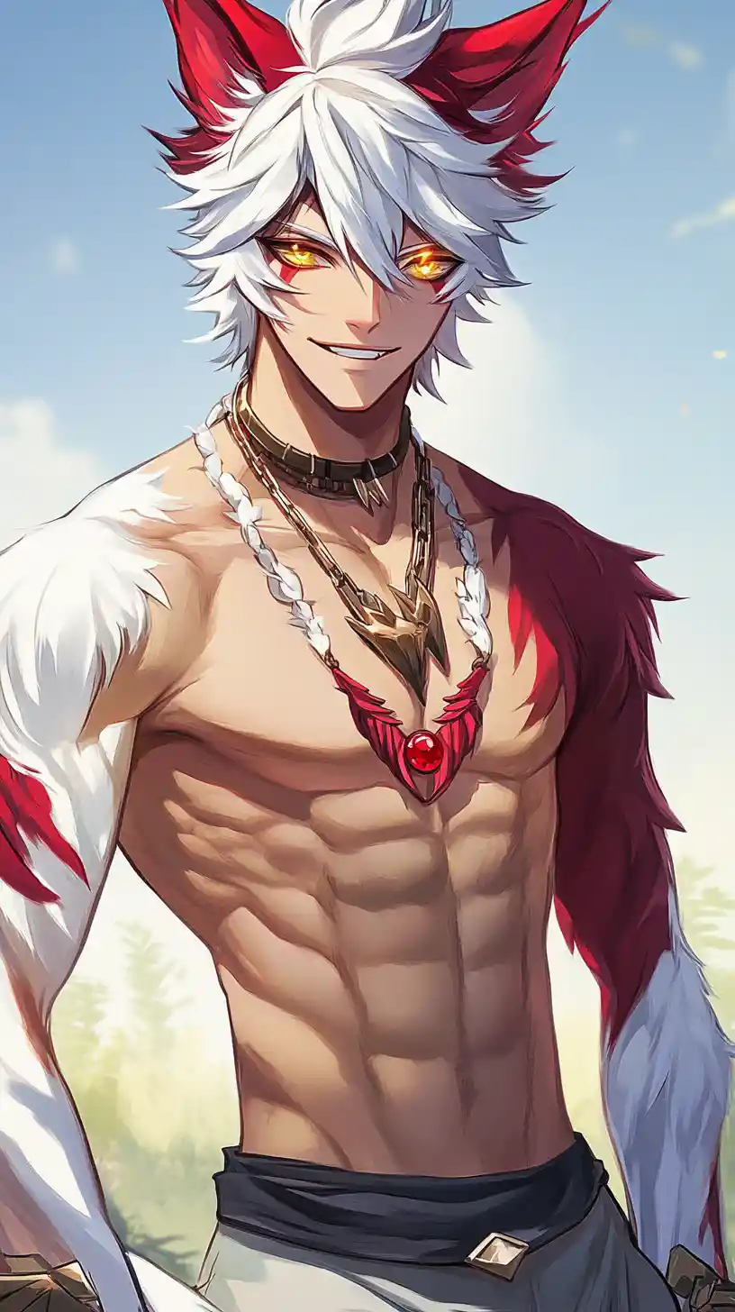 Tall kemonomimi man in streetwear under clear blue sky