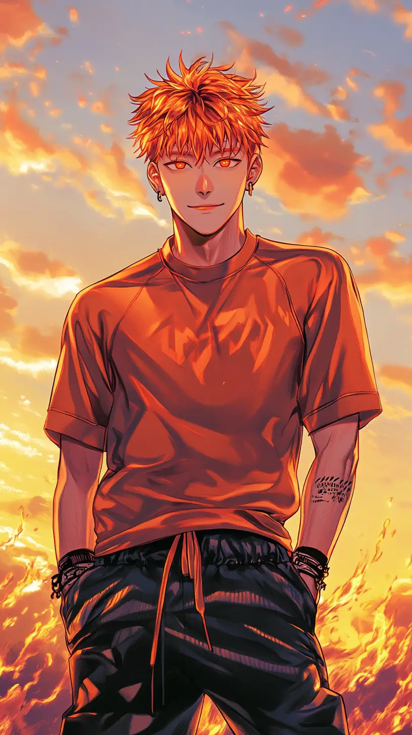 Confident anime man in sunset streetwear illustration