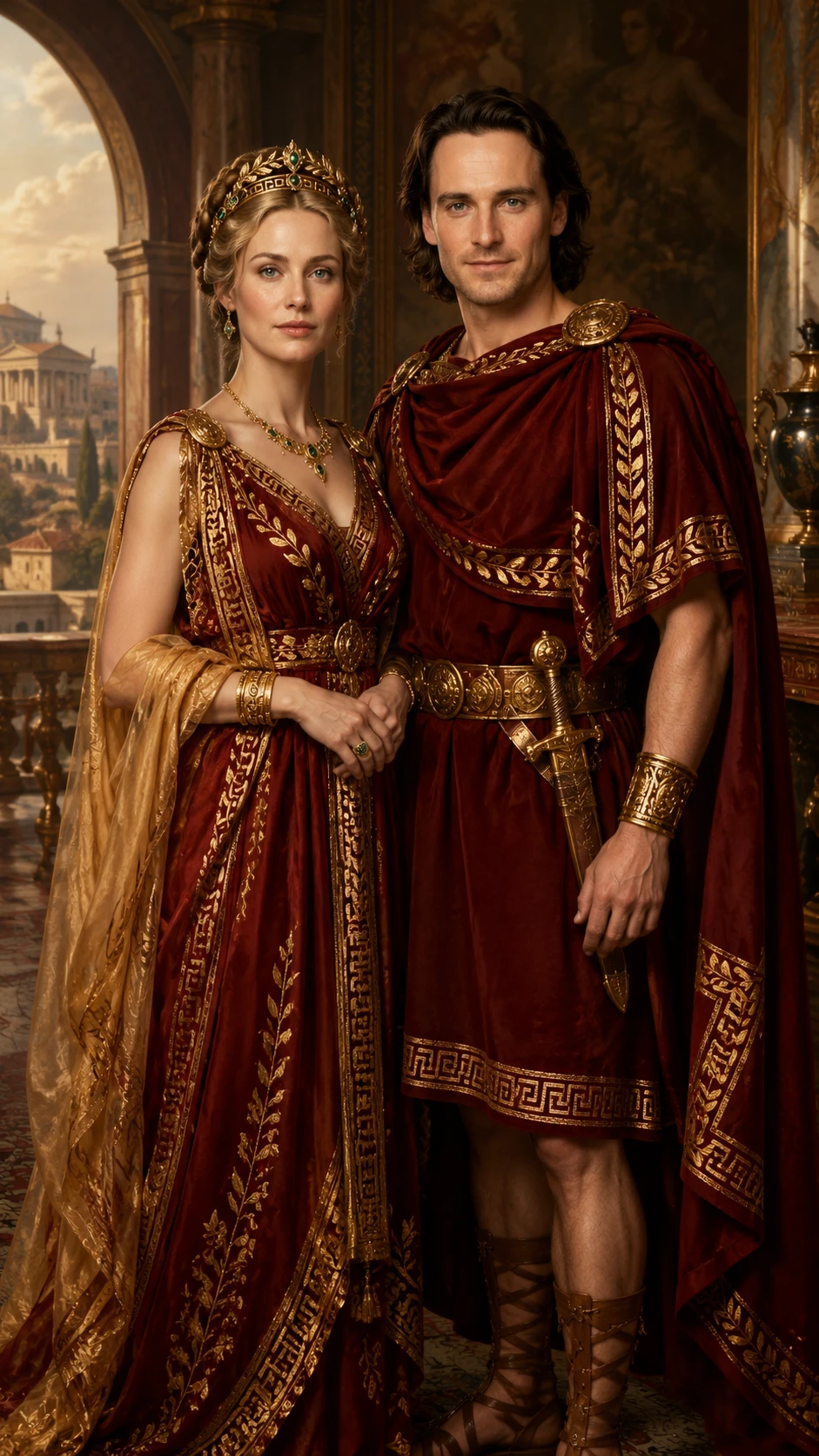 Royal couple on a terrace before an ancient Roman palace