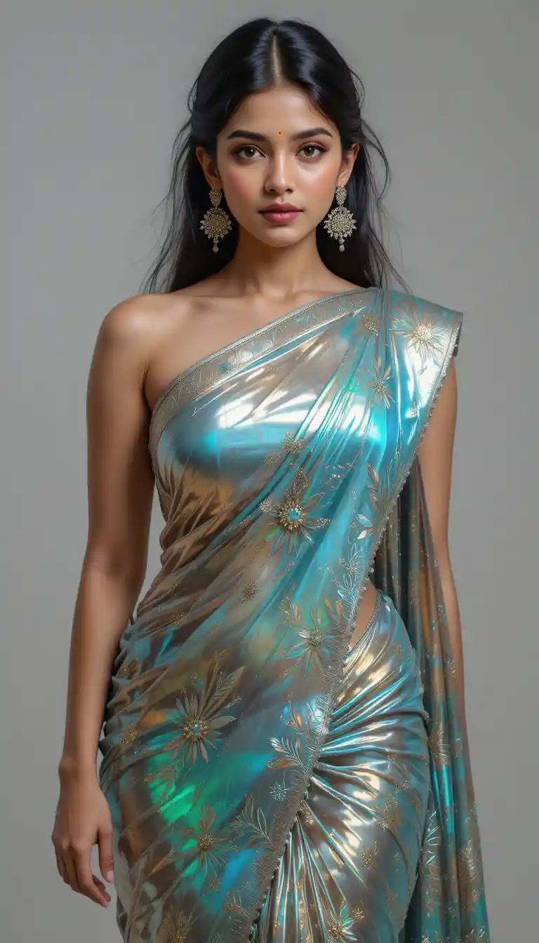 Tamil woman in glossy saree with exposed navel posing