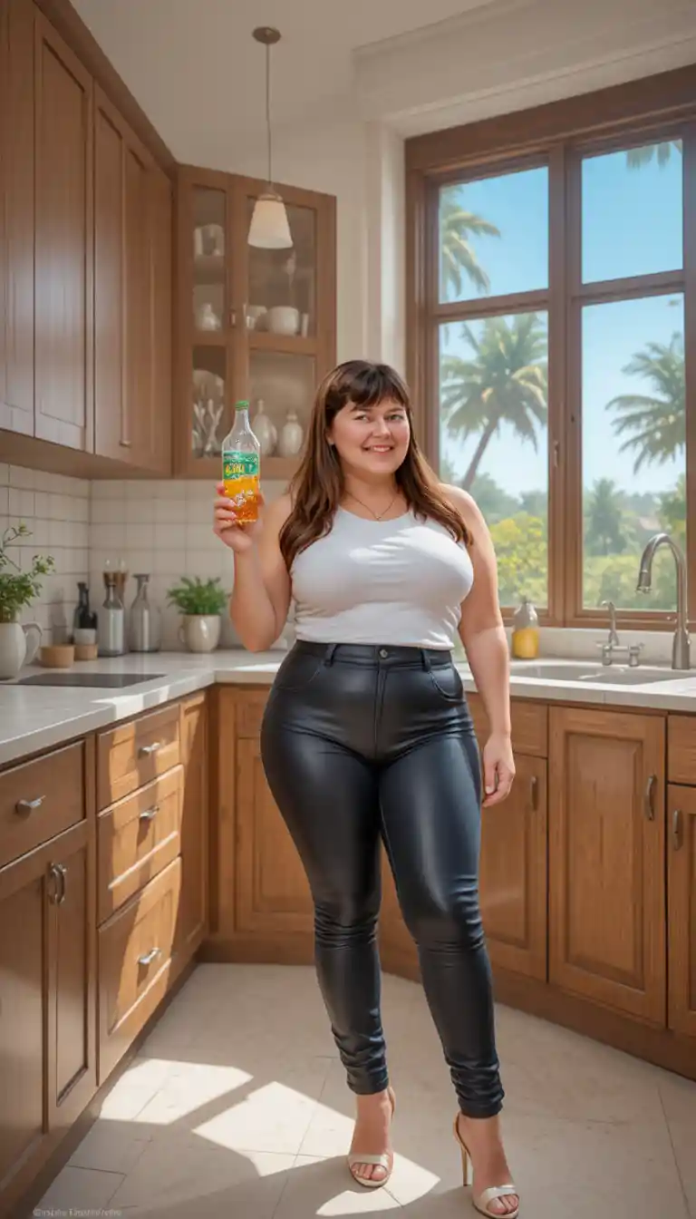 Smiling woman with drink in bright summer kitchen
