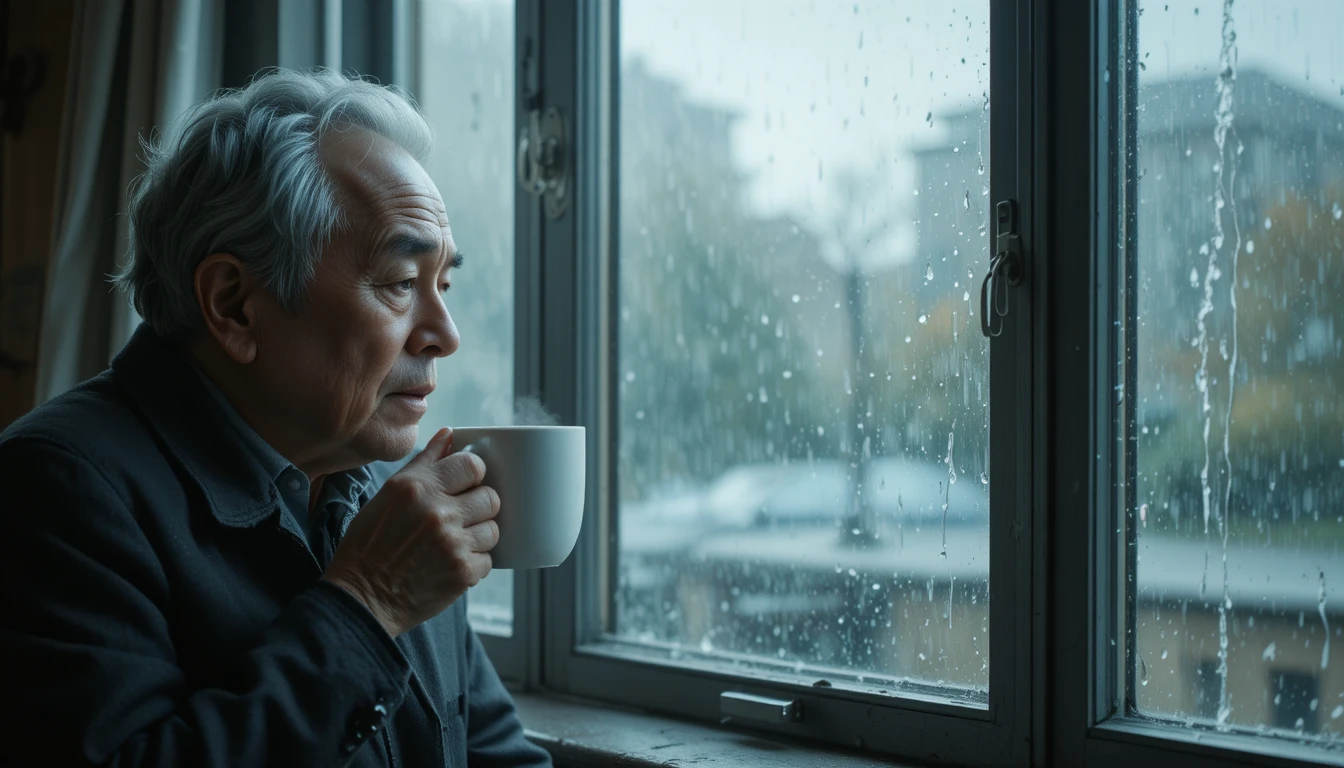 Elderly man drinking coffee by a rainy window