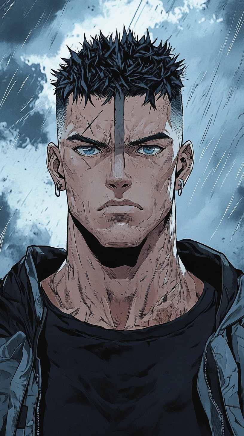 Tall muscular man in manhwa style under stormy skies