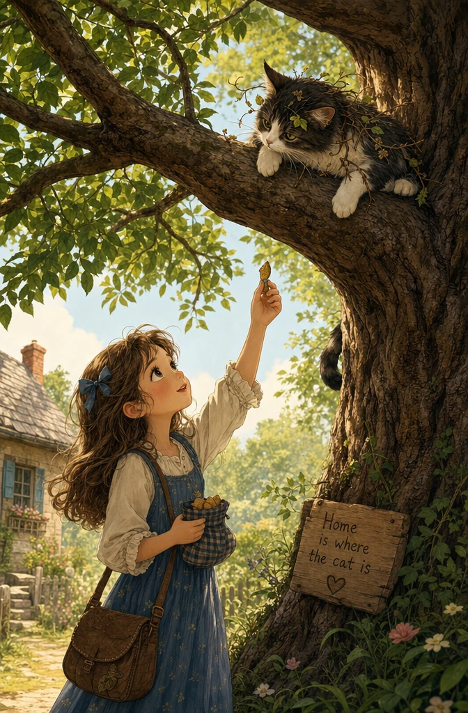Young girl coaxing her cat down from a tall tree