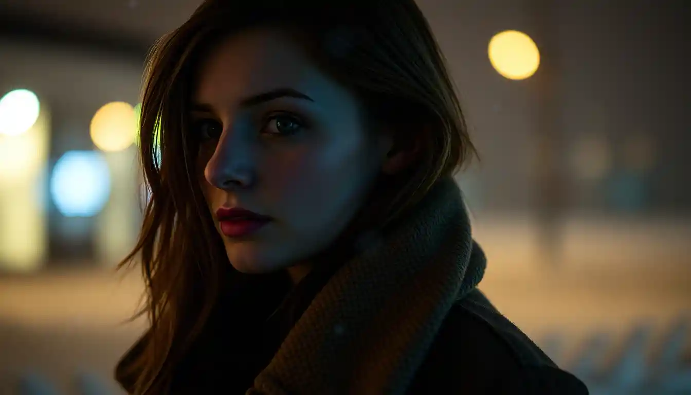 Young woman in profile gazing into deep blue darkness
