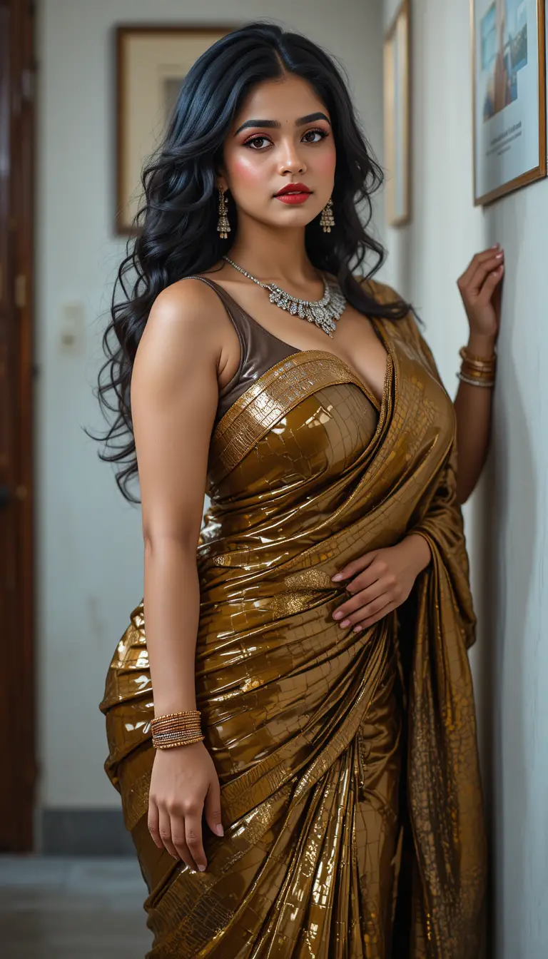 Femme tamoule en sari brillant se penchant en pose corps entier