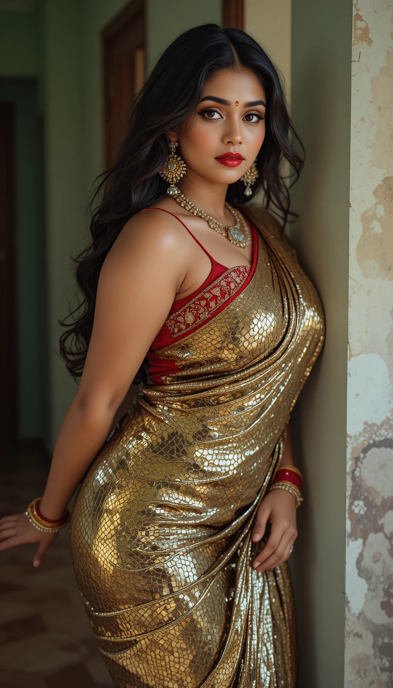 Tamil woman in glossy saree posing in indoor room