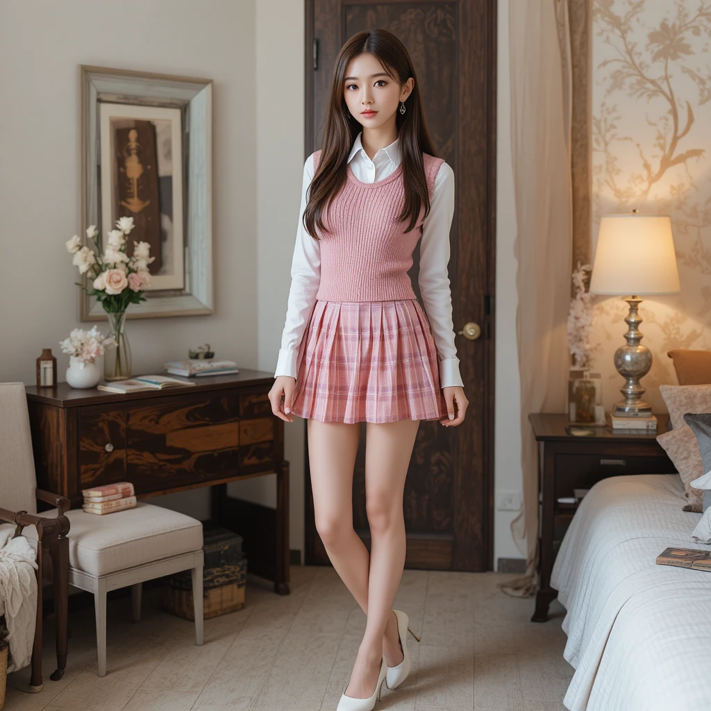 Young korean girl in pink outfit standing in bedroom