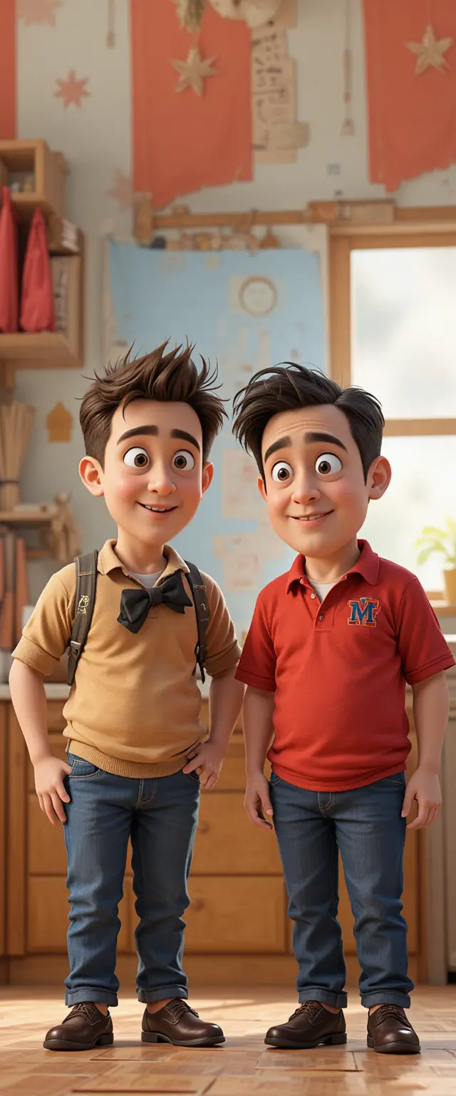 Two unemployed fathers start a playful 3D daycare scene