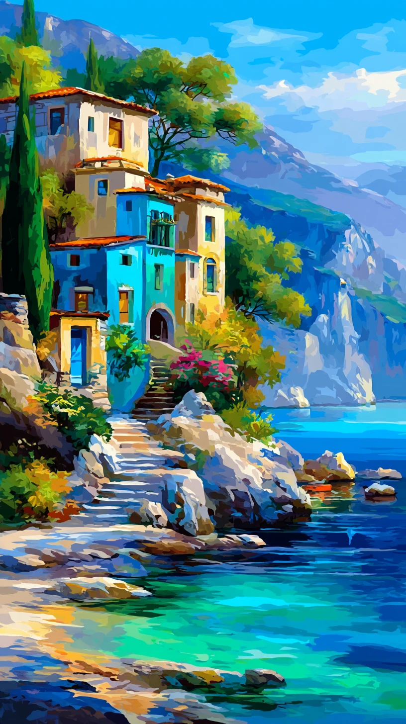 Mediterranean cliffside houses above a rocky coast and blue sea