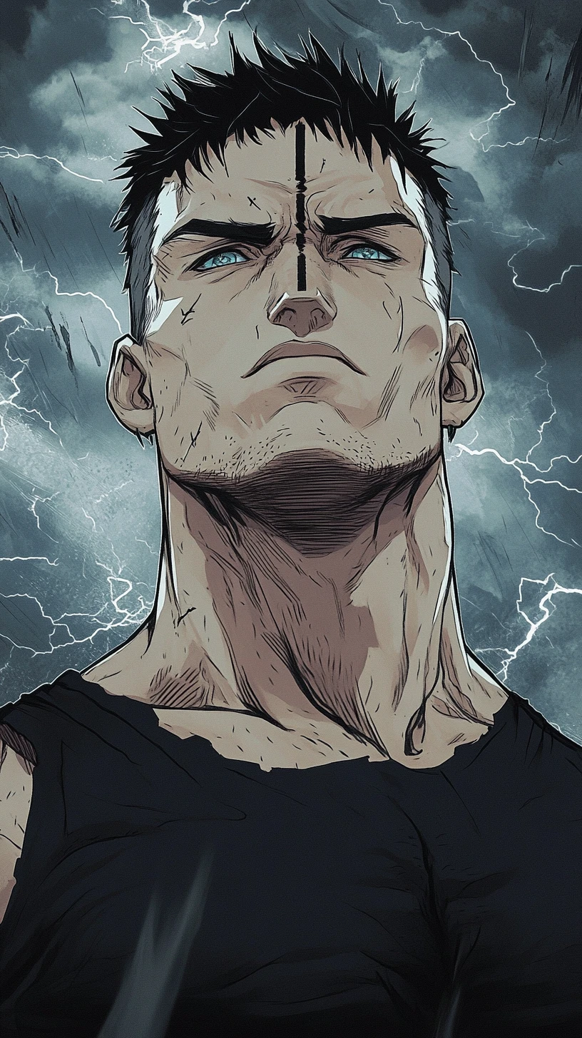 Tall muscular man in dramatic manhwa storm scene