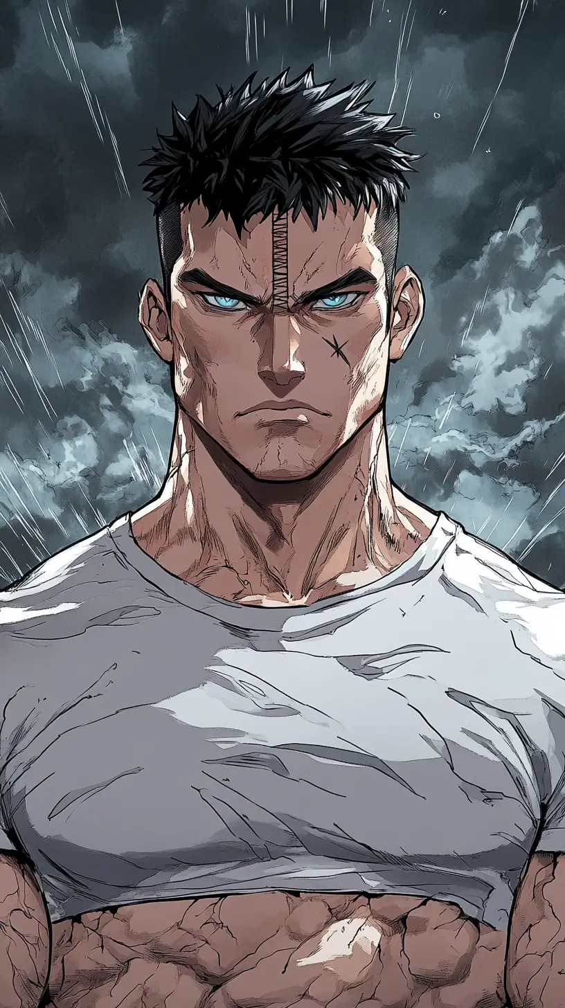 Tall muscular man in dramatic manhwa storm scene