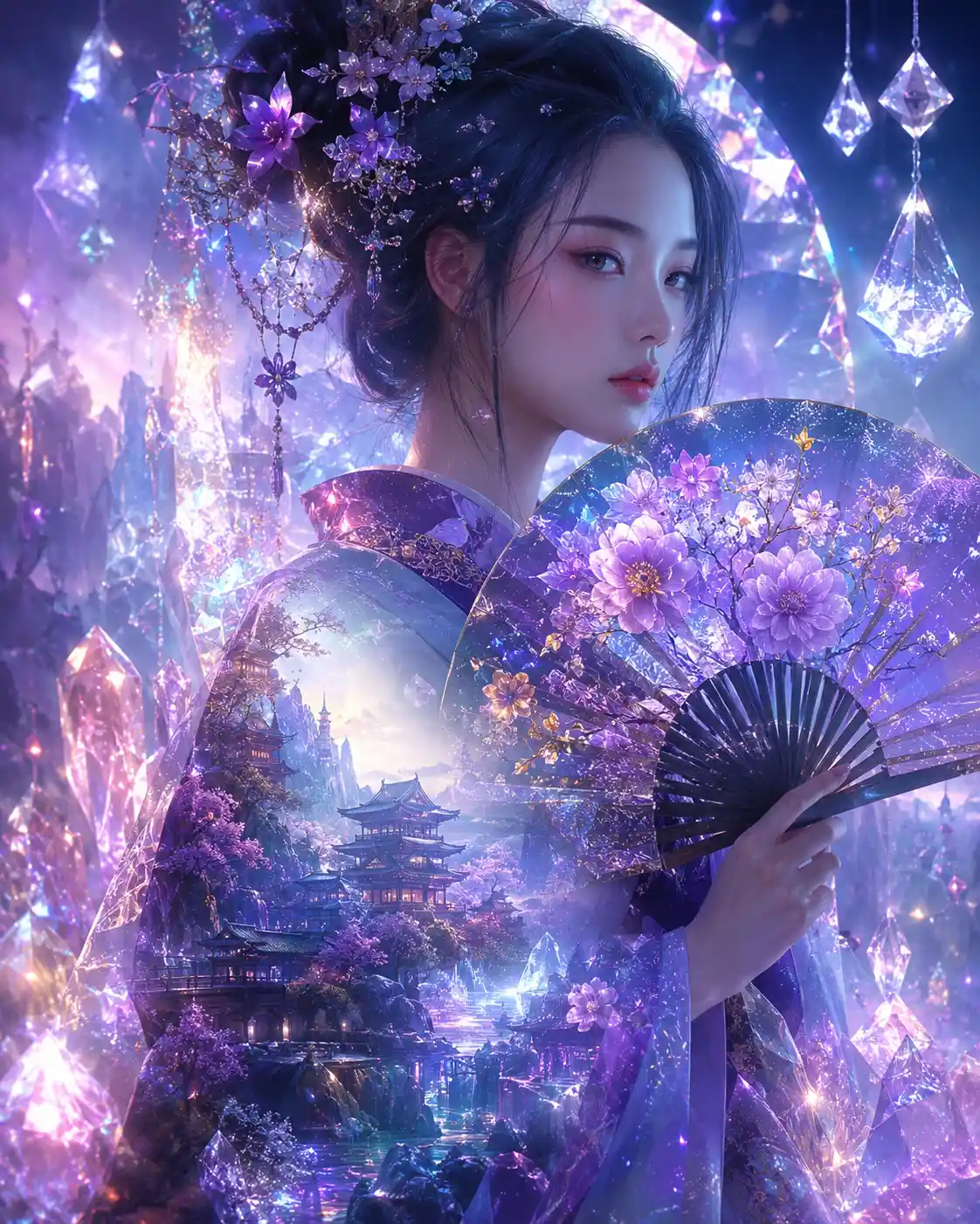 Mystical Japanese woman with floral fan and shining crystals
