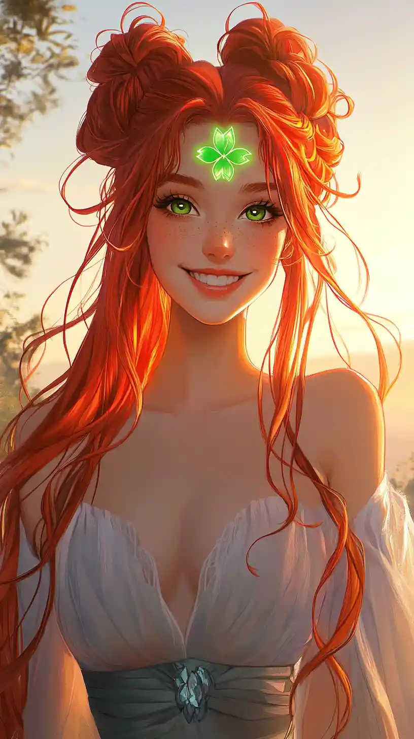 Garota ruiva alegre ao nascer do sol em estilo anime