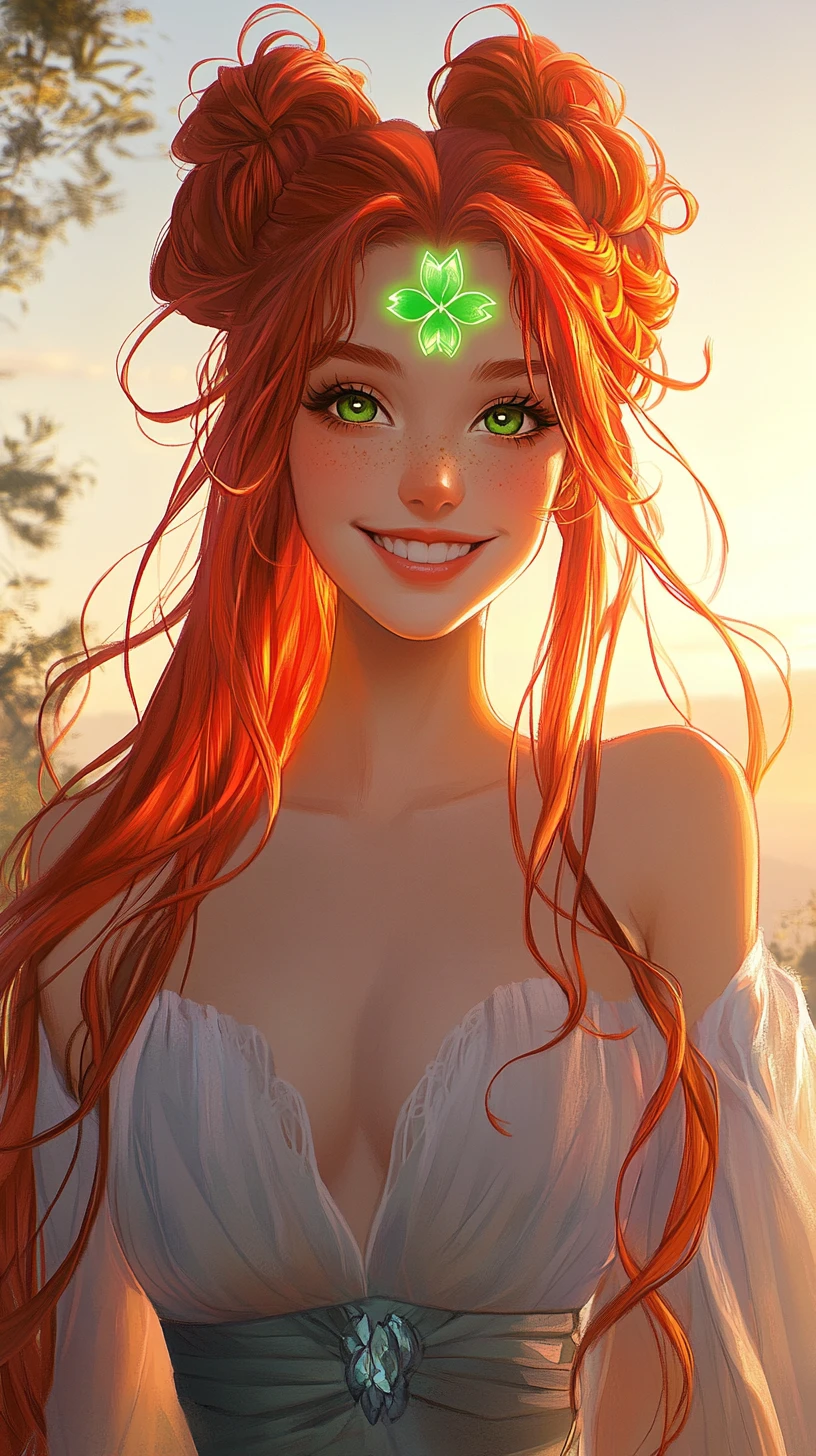 Cheerful red haired girl at sunrise in anime style
