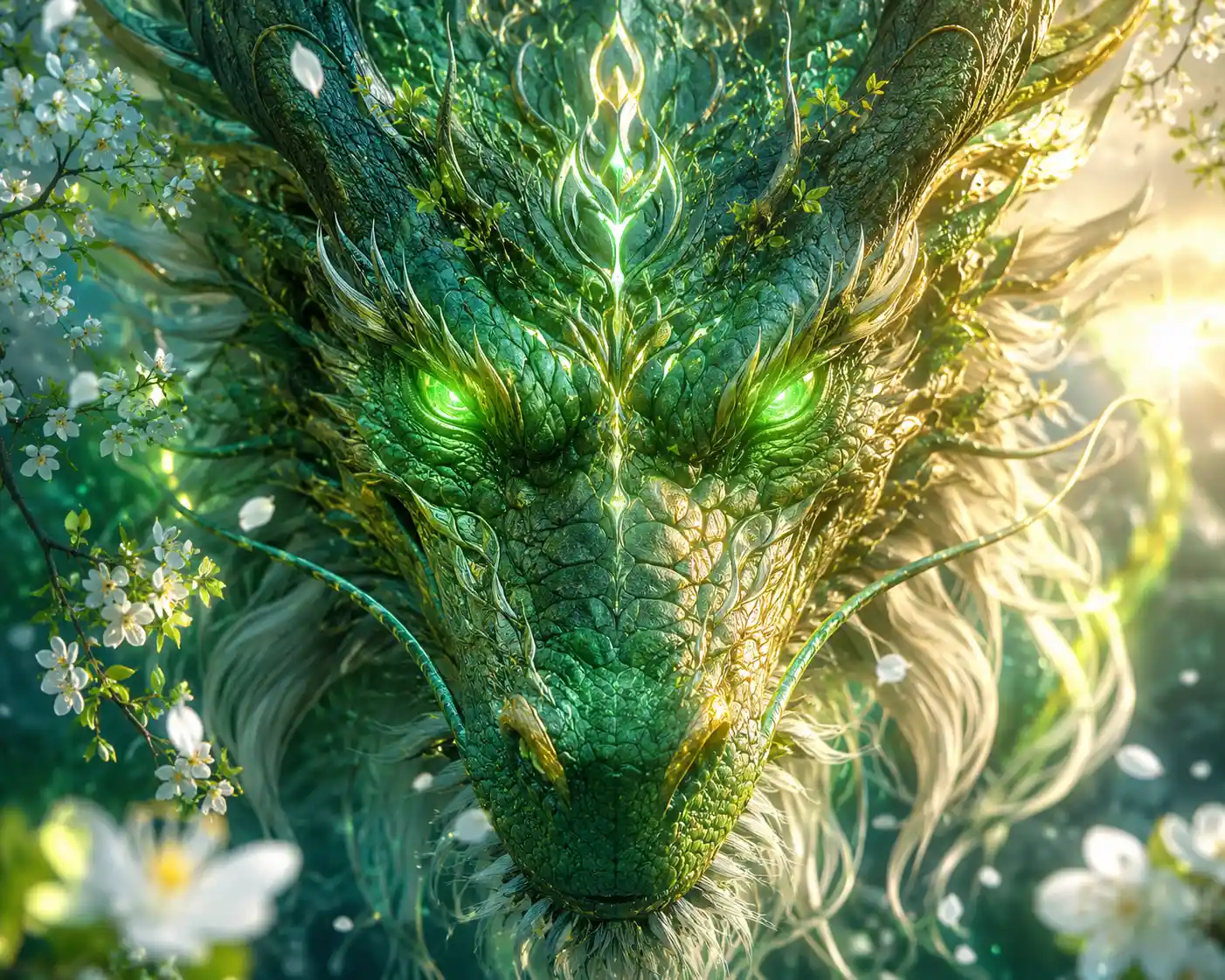 Close up portrait of a green dragon guardian at dawn