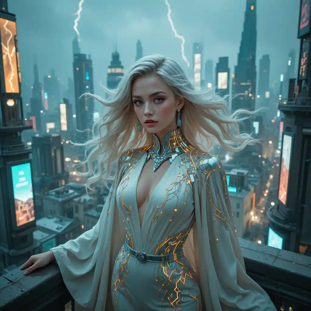 Femme fatale portrait above a futuristic ruined megacity