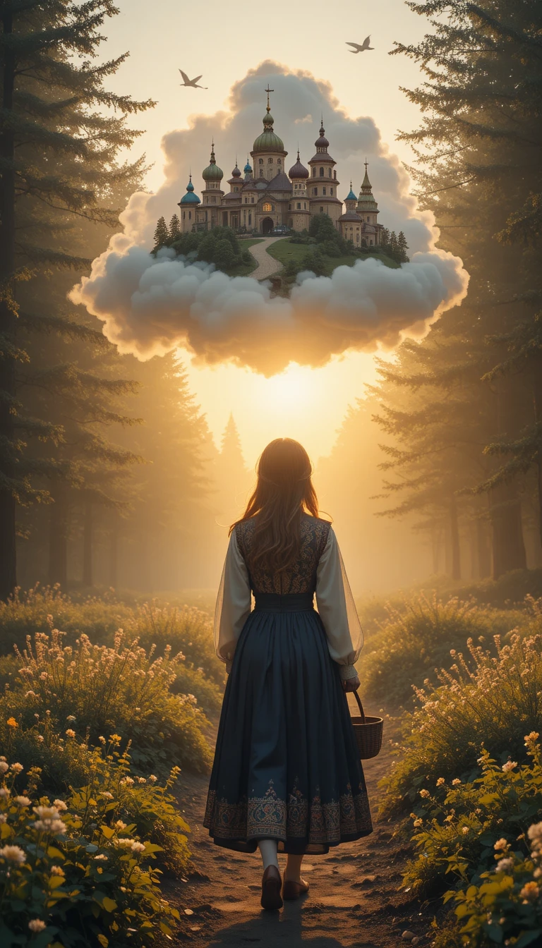 Girl on a forest path at sunrise with magical city